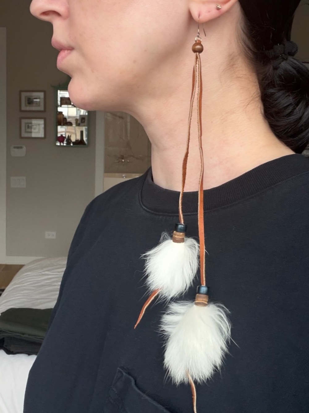 Handcrafted Suede Leather White Rabbit Fur Pom Pom Drop Earrings with Beads